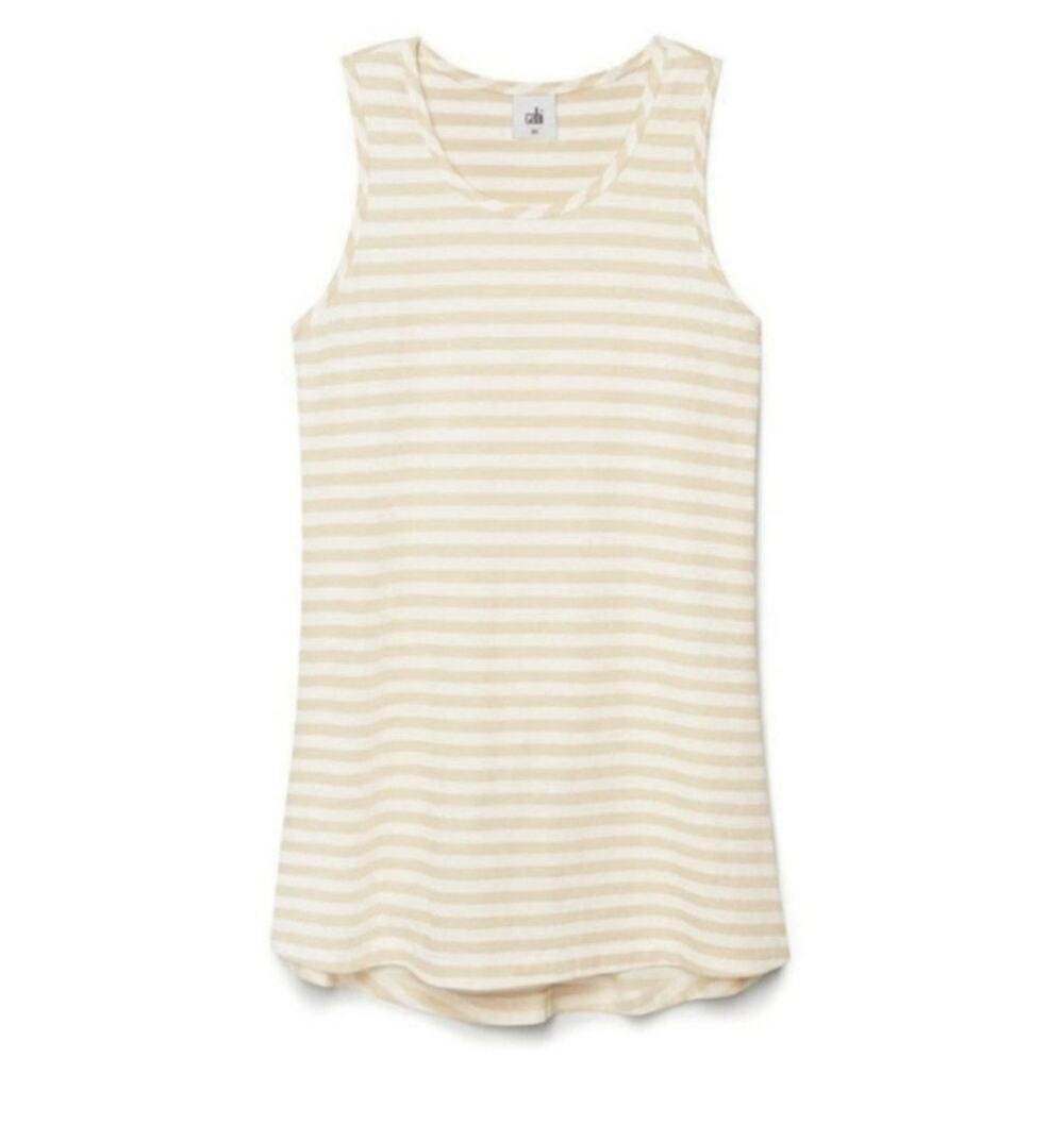 Cabi Comeback Tank Biscotti Tan White Stripe Sleeveless Top Large NWT